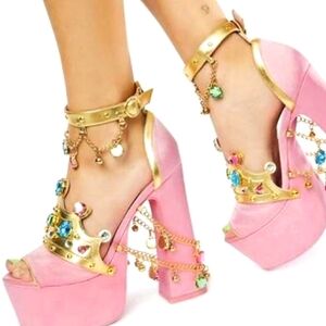 New Dolls Kill Charmer crown jeweled  heels in pink satin Halloween 🎃